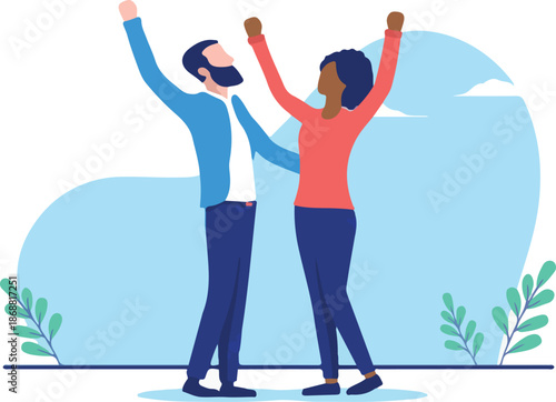 Happy interracial couple - Caucasian man and black woman celebrating standing with hands in air. Flat design vector illustration with white background