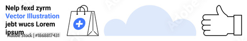 Online shopping, medical services, approval concept, digital platforms, cloud computing, telehealth. Medical shopping bag with cross, cloud shape thumbs-up symbol. Online shopping and medical