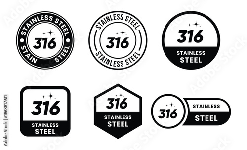Stainless Steel 316 Icons Set Vector Illustration – Marine Grade SS 316 Material Symbols, Superior Corrosion Resistant Molybdenum Steel Badges for Industrial, Medical, and Product Labeling