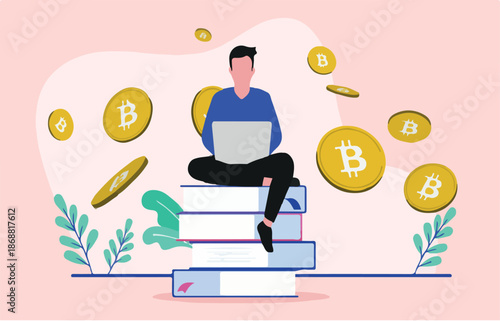 Bitcoin and crypto currency education - Man sitting on stack of books learning and studying. Flat design vector illustration.