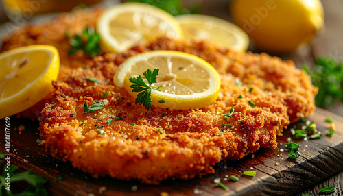 Golden crispy schnitzel with breaded crust, fresh lemon slices and parsley garnish, tasty meat dish