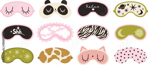 Sleep mask. Different sleeping masks for comfortable sleeping with lettering relax, shh... Trendy cute dopamine masks set, modern collection. For social media, stickers, design.