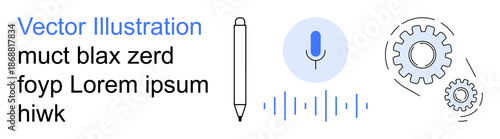 Artificial intelligence, creativity tools, audio transcription, speech recognition, productivity apps, innovation. Microphone icon, sound waves gears and pencil. Artificial intelligence