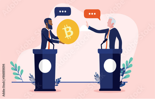 Bitcoin debate - Two politicians arguing about crypto currency politics, one holding Flat design vector illustration