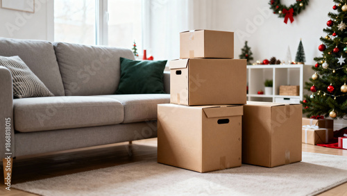 Cardboard boxes stacked in living room after Christmas