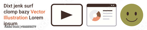 Digital tools, analytics, emotions, education, online learning, media. A play button, a data chart and a happy face. Digital tools and emotions concept