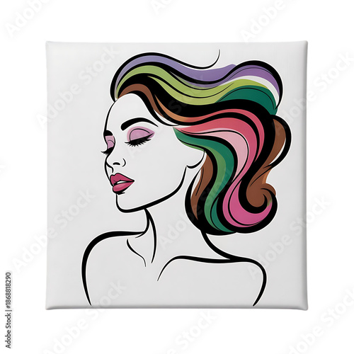 Multicolored hair illustration of a woman with closed eyes and pink lips transparent background