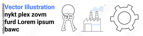 Abstract gear symbolizes industry or technology factory with smoke for manufacturing, and keys for access or security. Ideal for innovation, process systems, business, manufacturing concepts, access