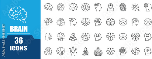 Brain line icon set.Contains icon related to mind, brain, thinking, mental health, intelligence, smart, cognition, and more.Outline Icon Collection. Vector illustration
