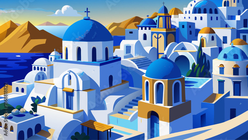 Very beautiful close-up details of Santorini island, Greece, highlighting textured white walls, blue domes, stone paths, and soft sunlight that reflect authentic Mediterranean island craftsmanship and