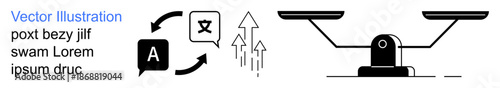 Translation services, global communication, equality in data, multilingual flow, balance, digital exchange. Chat bubbles, translation symbol arrows and a balanced scale. Translation and global