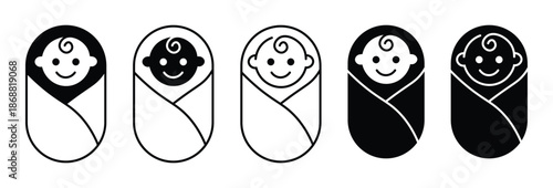Newborn Baby Wrapped in Blankets Icon Set Vector Isolated on White Background – Baby Care Symbols, Infant Swaddling Icons, Maternity and Nursery Design Elements