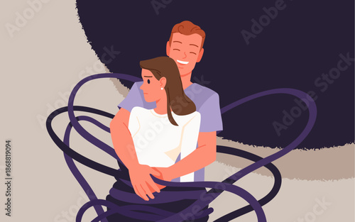 Man hugging woman with dark ropes symbolizing emotional abuse, control, toxic relationship, psychological manipulation, and distress in couple dynamics isolated vector illustration