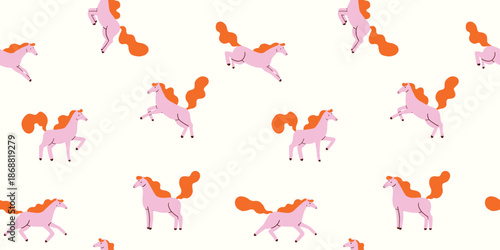 Cute cartoon decorative horses seamless pattern print. Year of the horse design for fabric, textile, wrapping paper, paster colors, pink and orange, white background. Endless pattern for decoration.