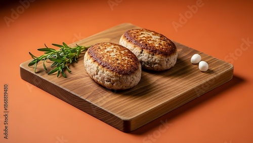 Delicious stuffed mushrooms on a wooden cutting board with herbs and garlic