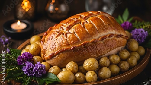 Roasted pork loin with potatoes and herbs on a wooden platter