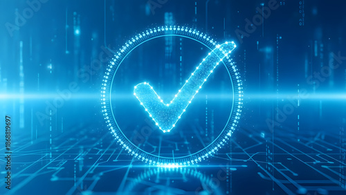 Glowing blue checkmark symbol in a circle on a futuristic digital background with circuit board pattern