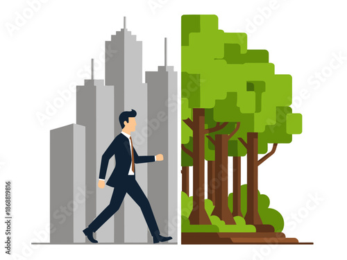 A businessman commutes between a bustling city and serene nature. A modern illustration showcasing work-life balance and sustainable living. Clean, graphic style.