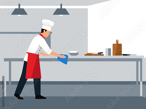 A chef cleans a kitchen counter, demonstrating hygiene and professionalism. Clean, bright setting with a focus on detail and a modern aesthetic.