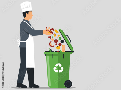 A chef manages kitchen waste recycling with a green bin. Clean, modern illustration. Perfect for sustainability and food waste themes.