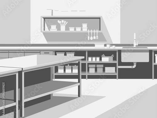 Clean commercial prep station with shelving and stainless steel surfaces. Ideal for food service visuals. Modern, minimalist design.