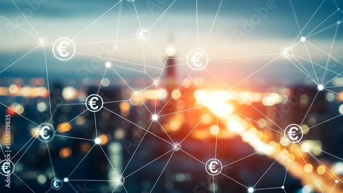 Blurry cityscape with glowing lines and currency symbols overlay