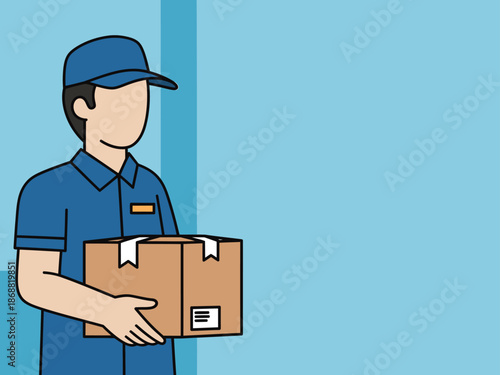 Delivery worker carries a box, conveying efficiency and service. Clean, modern illustration with a blue background. Suitable for business and logistics themes.