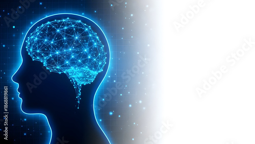 Digital illustration of a human head with glowing blue neural network on dark background with white gradient