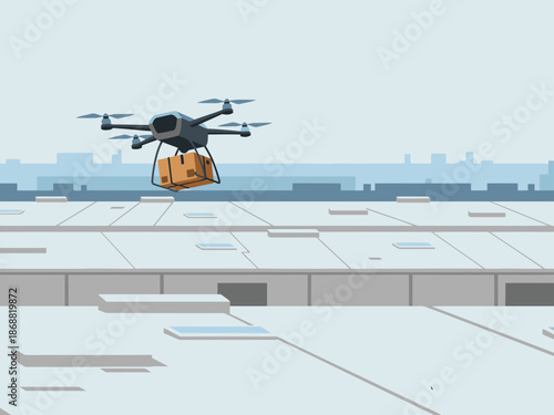 A drone lifts a package from a warehouse rooftop, showcasing efficient logistics. Modern, bright, and dynamic ? perfect for business and technology visuals.