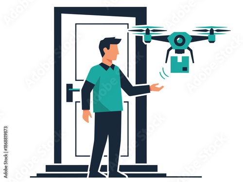 A drone delivers a parcel to a man at his doorstep. Modern illustration showcasing drone delivery. Clean, graphic style.