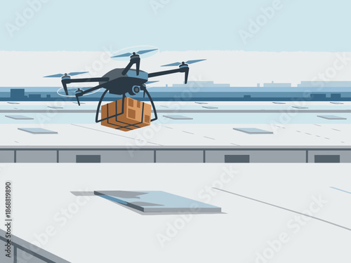 A drone lifts off carrying a package from a warehouse rooftop. Modern logistics, delivery, and technology imagery. Clean, bright, and professional.