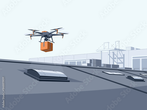A drone lifts off from a warehouse roof, carrying a package. Modern warehouse logistics illustration. Clean, professional, and visually striking.