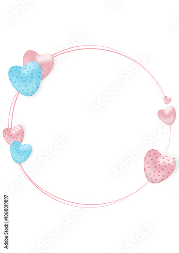 Frame. 3D pink and blue hearts arranged in a circle. Love. Template for a banner, poster, sale announcement, promotion, packaging, etc.