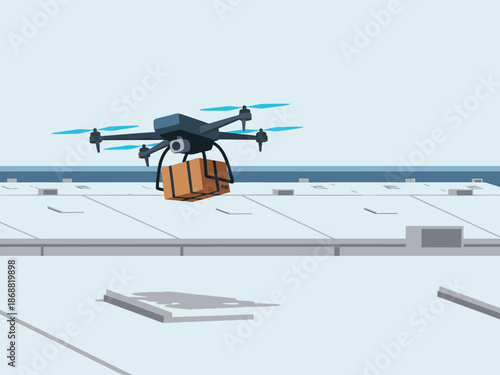A drone lifts off with a package from a warehouse rooftop. Modern, clean illustration showcasing logistics and delivery. Bright, professional style.