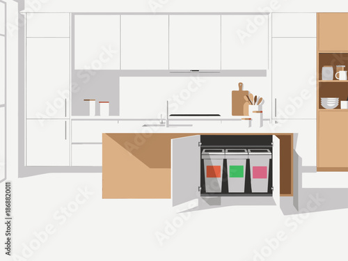 Modern kitchen features sleek sorting cabinet with integrated trash bins Clean lines bright white cabinetry and a stylish island create a functional and visually appealing space