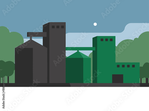 Modern recycling plant exterior silos stand against a blue sky. Clean lines and a minimalist design create a visually appealing industrial scene.