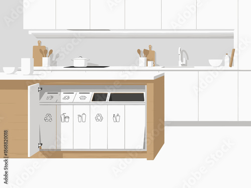 A modern kitchen features a stylish sorting cabinet with multiple compartments. Clean, bright, and visually appealing for commercial use.