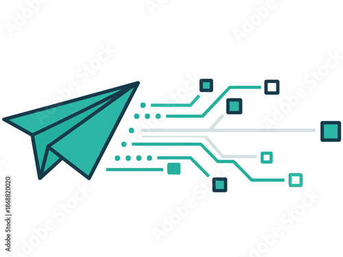 Modern logistics concept featuring a paper airplane connected to circuit board elements. Illustrates connectivity and global reach. Clean, professional design.