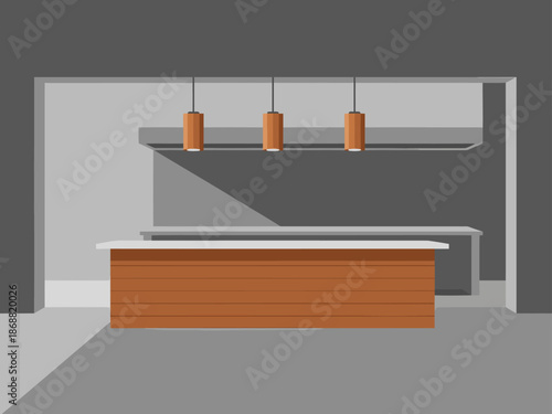 Modern restaurant kitchen interior design featuring a sleek island counter and pendant lighting. Clean, minimalist aesthetic for commercial use.