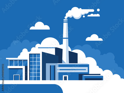 Modern waste-to-energy plant illustration. A stylized factory emits steam against a blue sky with fluffy clouds. Clean, graphic design. Suitable for business and sustainability themes.