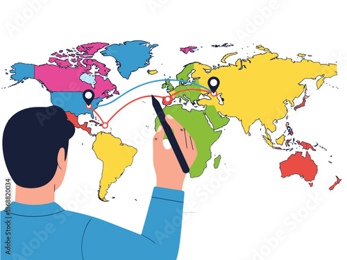 A professional analyzes a global shipping route on a map, optimizing logistics. Modern, bright, and focused. Ideal for business and technology visuals.