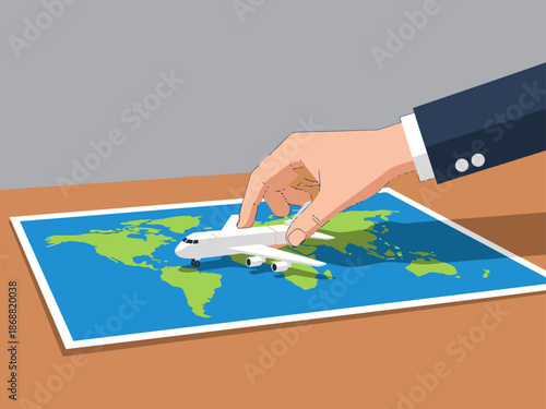 A professional plans global air cargo logistics with a miniature airplane on a world map. Modern, strategic, and visually appealing for business concepts.