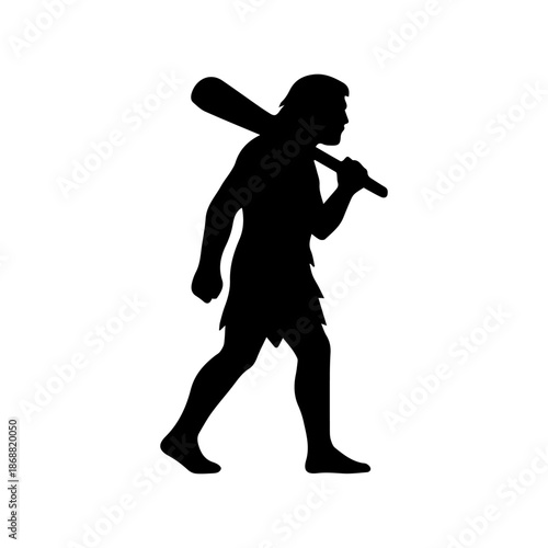 Neanderthal caveman silhouette walking holding club