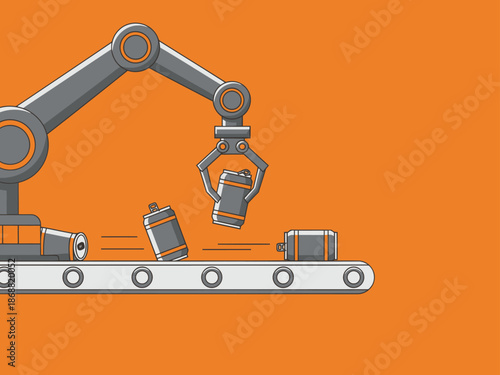 A robotic arm sorts metal cans on a conveyor belt. Modern industrial design, clean lines, and a bright orange background. Ideal for automation and manufacturing visuals.