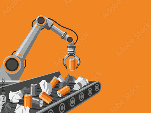A robotic arm sorts waste on a conveyor belt. Modern, industrial design with bright orange and grey tones. Ideal for technology and sustainability themes.