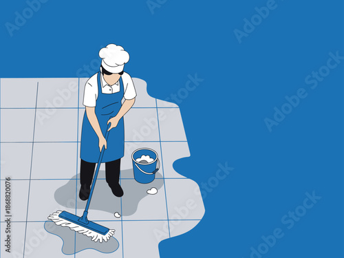 A staff member diligently mops a kitchen floor, creating a clean and orderly space.  Clear composition, bright colors, and professional focus.