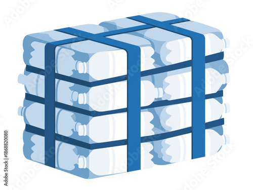 A sturdy bale of recycled plastic bottles is secured with blue straps. Clean, modern illustration showcasing sustainable waste management. Ideal for environmental themes.