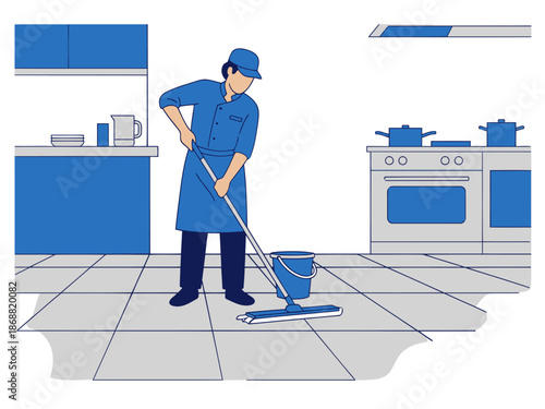 A staff member diligently mops a kitchen floor, creating a clean and tidy workspace. Clear composition and bright colors.