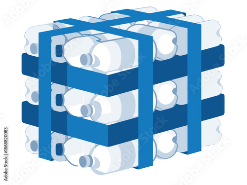 A sturdy recycled plastic bale is neatly bound with blue strapping. Clean, modern graphic design. Ideal for sustainability and waste management visuals.