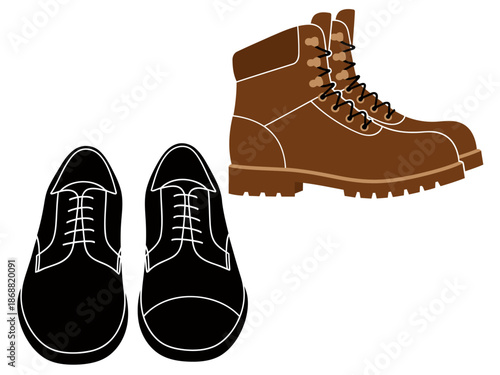 A stylish graphic combining work shoes and hiking boots, symbolizing work-life balance. Clean, modern illustration for business and lifestyle concepts.